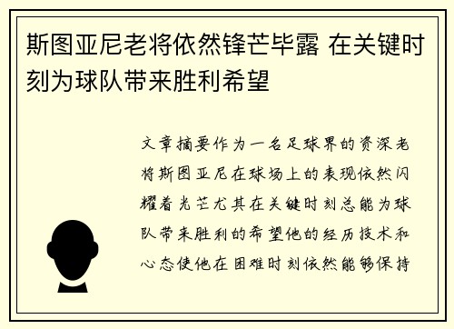 斯图亚尼老将依然锋芒毕露 在关键时刻为球队带来胜利希望